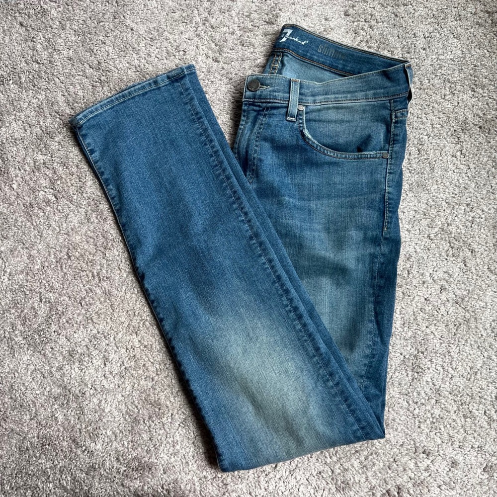7 For All Mankind Slimmy Jeans Mens 33 Blue Denim Stretch Slim Straight USA Made
